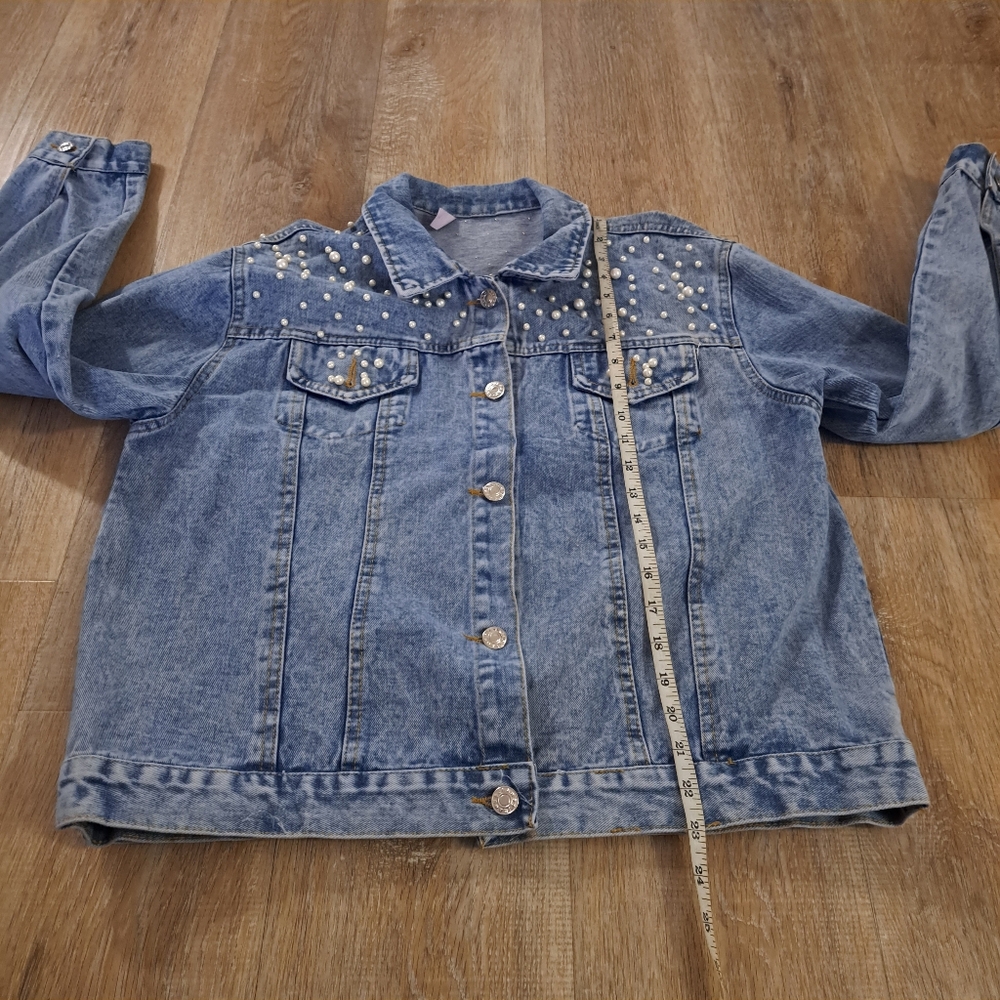 Blue Denim Jacket White Pearl Studs Women's Jacket NWOT - Picture 4 of 12